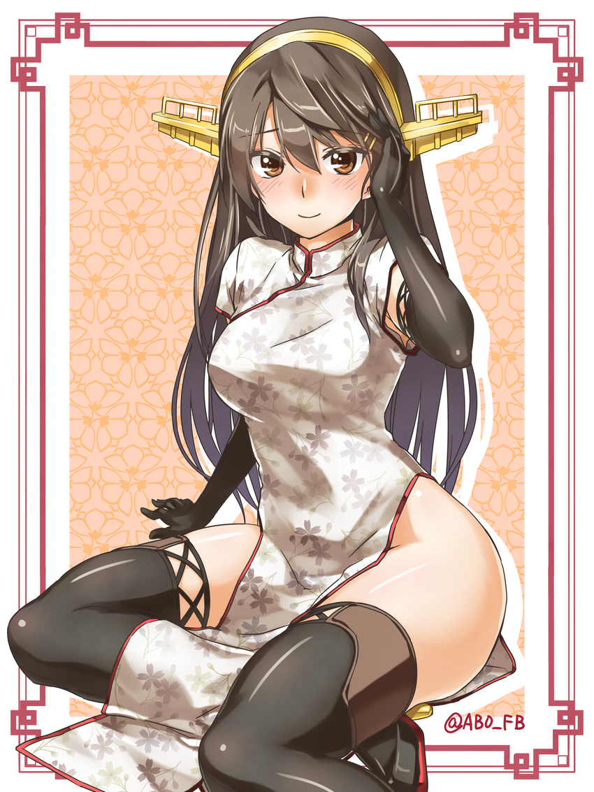 abo_(hechouchou) absurdres alternate_costume armpit_peek black_footwear black_gloves blush boots breasts brown_eyes brown_hair china_dress chinese_clothes dress elbow_gloves gloves hair_ornament hairband hairclip haruna_(kantai_collection) highres kantai_collection large_breasts long_hair looking_at_viewer no_panties pelvic_curtain side_slit sitting smile solo thigh_boots thighhighs