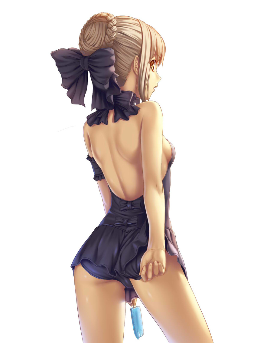 adjusting_clothes adjusting_swimsuit arms_at_sides artoria_pendragon_(all) ass backless_outfit bare_back bare_shoulders black_swimsuit blonde_hair bow braid breasts candy choker cowboy_shot fate/stay_night fate_(series) food frilled_swimsuit frills from_behind hair_bow hair_bun hair_ribbon halterneck highres kukuri_(ahagon) lollipop looking_back one-piece_swimsuit open_mouth popsicle ribbon saber_alter shoulder_blades sideboob small_breasts solo standing swimsuit swimsuit_tug white_background yellow_eyes
