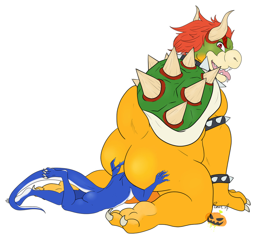 anal anal_insertion anal_penetration anal_vore anthro anus bowser butt claws dragon duo firon hair horn insertion kinkypumpkin koopa macro male male/male mario_bros micro nintendo nude open_mouth penetration red_eyes reptile scalie size_difference smile spikes teeth tongue tongue_out video_games vore