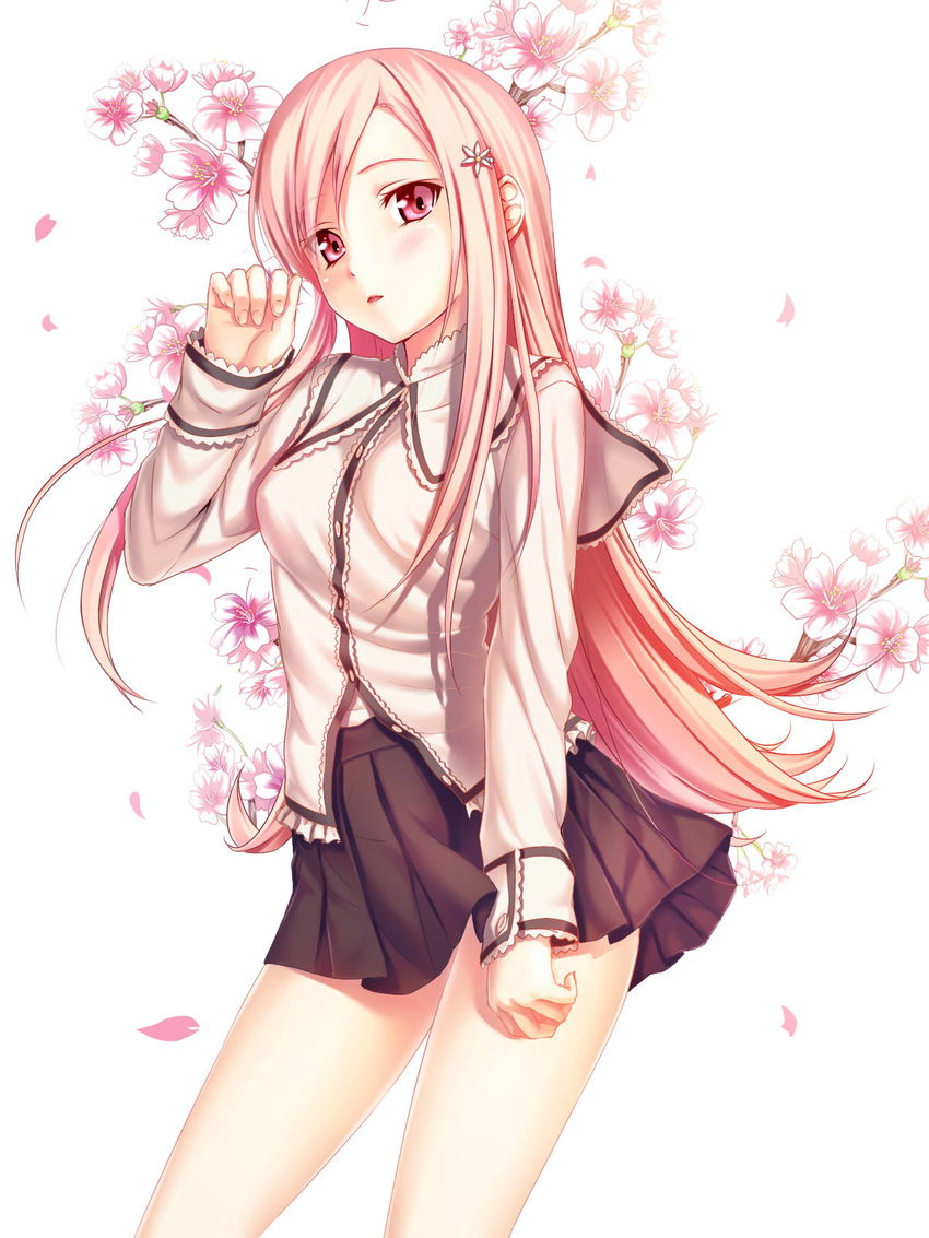 blush cherry_blossoms flower hair_flower hair_ornament hairclip highres kukuri_(ahagon) long_hair lucy_maria_misora petals pink_eyes pink_hair pleated_skirt skirt solo to_heart_2