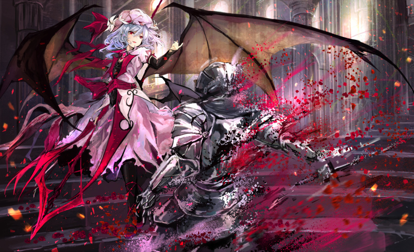 1girl :d bangs bat_wings black_legwear blood brooch commentary dragon_wings dress hair_between_eyes hand_up hat hat_ribbon head_tilt indoors jewelry knight magic mob_cap open_mouth pink_dress pink_footwear pink_hat puffy_short_sleeves puffy_sleeves red_eyes red_ribbon remilia_scarlet ribbon shoes short_hair short_sleeves silver_hair smile stairs touhou wavy_hair wings yukishiro_arute