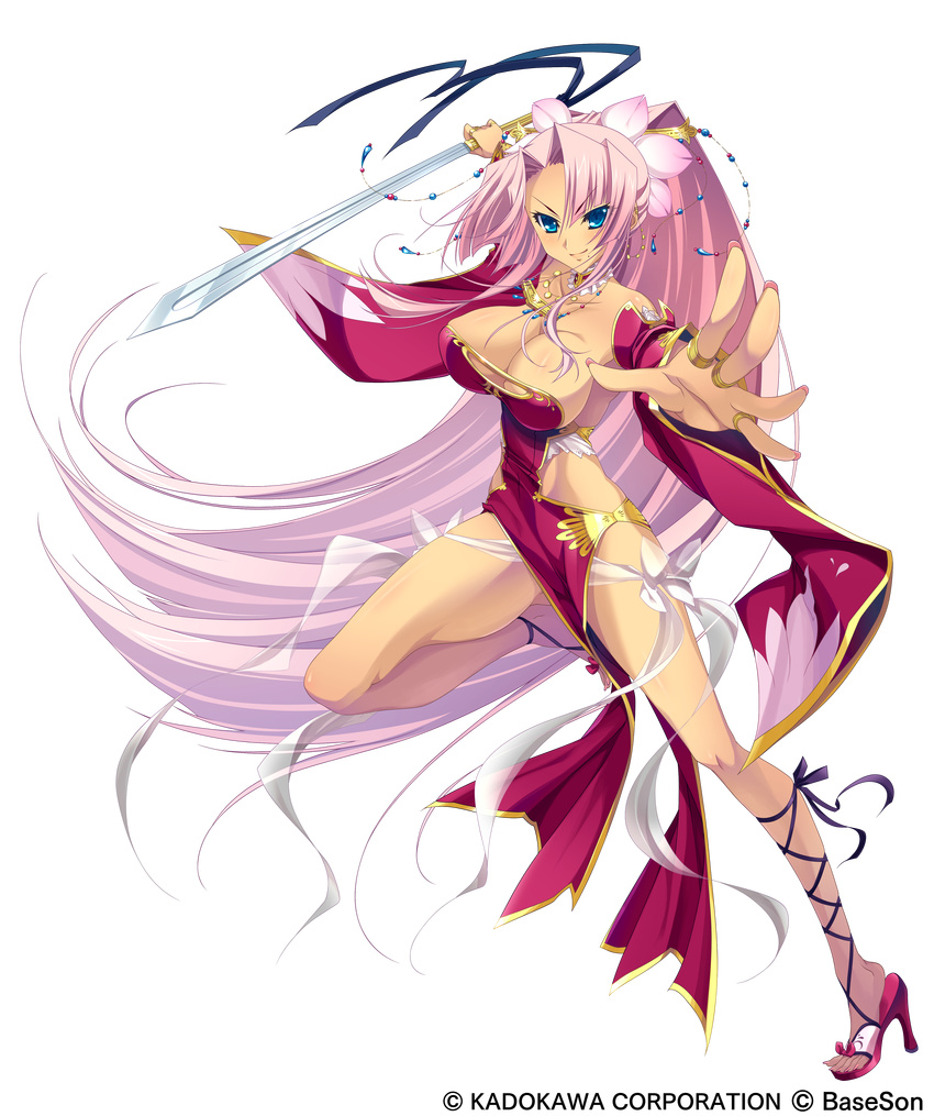 absurdres bangs bare_shoulders blue_eyes breasts cleavage cleavage_cutout detached_sleeves dress fighting_stance fingernails foreshortening full_body hair_ornament high_heels highres hikage_eiji jewelry koihime_musou large_breasts leg_lift legs long_fingernails long_hair necklace no_bra official_art outstretched_arm outstretched_hand parted_bangs pink_hair ponytail ring see-through shoes side_slit sidelocks smile solo sonsaku standing standing_on_one_leg sword transparent_background very_long_hair weapon