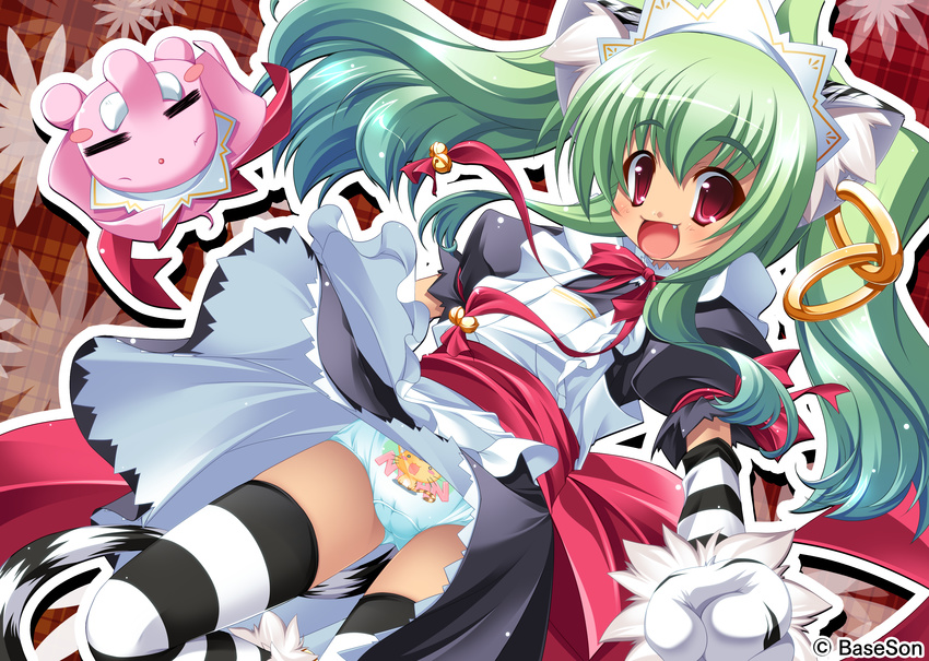 :3 absurdres alternate_costume animal_ears bell bonnet cameltoe cat_ears clothes_writing earrings elephant enmaided fang front-print_panties gloves green_hair highres jewelry jingle_bell koihime_musou kuwada_yuuki long_hair maid moukaku panties pantyshot paw_gloves paws print_panties red_eyes ribbon skirt skirt_lift smile solo striped striped_legwear tail thighhighs tiger_ears tiger_tail twintails underwear white_panties wind wind_lift