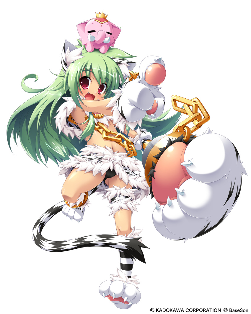 absurdres animal_ears animal_print anklet black_panties cameltoe cat_ears cat_tail chain earrings fang full_body gloves green_hair highres jewelry koihime_musou kuwada_yuuki long_hair moukaku navel official_art panties paw_gloves paw_shoes paws pointing polearm red_eyes shoes smile solo tail tiger_ears tiger_print transparent_background underwear weapon