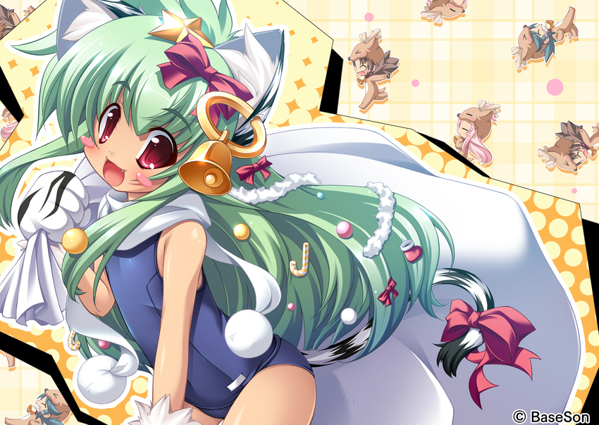 animal_ears bell blush_stickers cat_ears chibi christmas earrings fang gloves green_hair hair_ornament highres jewelry koihime_musou kuwada_yuuki long_hair mike_(koihime_musou) moukaku multiple_girls one-piece_swimsuit paw_gloves paws red_eyes sack school_swimsuit shamu smile swimsuit tail tora_(koihime_musou) white_gloves