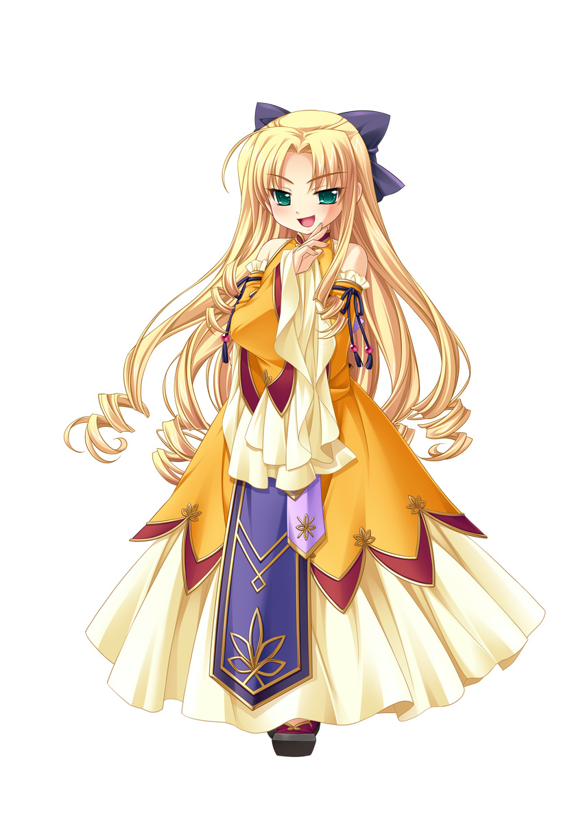 absurdres blonde_hair curly_hair detached_sleeves dress enjutsu full_body green_eyes highres koihime_musou long_hair ribbon saeki_hokuto smile solo transparent_background