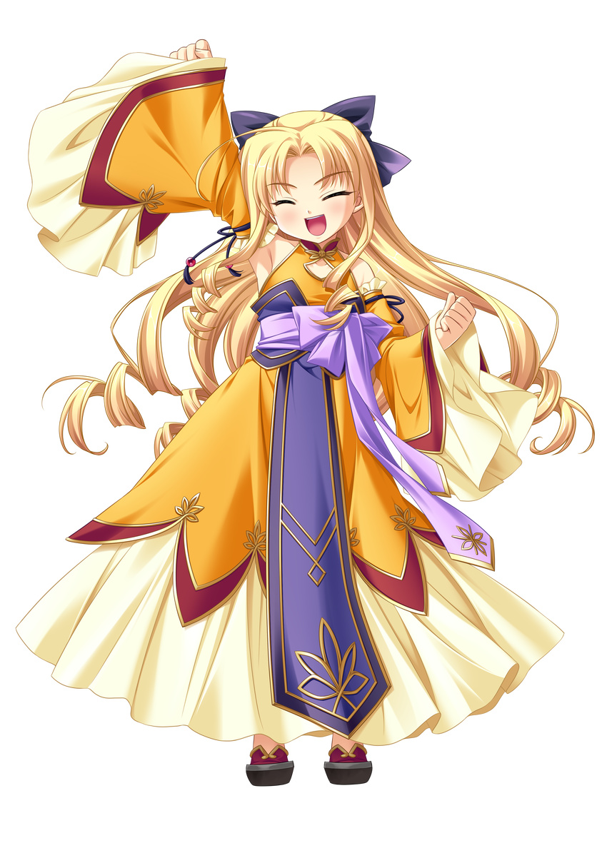 absurdres arm_up armpits blonde_hair closed_eyes curly_hair detached_sleeves dress enjutsu full_body highres koihime_musou long_hair ribbon saeki_hokuto smile solo transparent_background