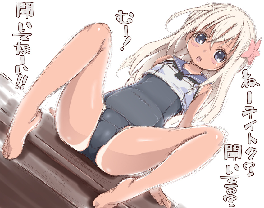 barefoot blue_eyes blush_stickers dutch_angle flower hair_flower hair_ornament kantai_collection long_hair naz one-piece_swimsuit ro-500_(kantai_collection) school_swimsuit school_uniform serafuku simple_background sitting sketch solo spread_legs swimsuit swimsuit_under_clothes tan tanline translated white_background white_hair