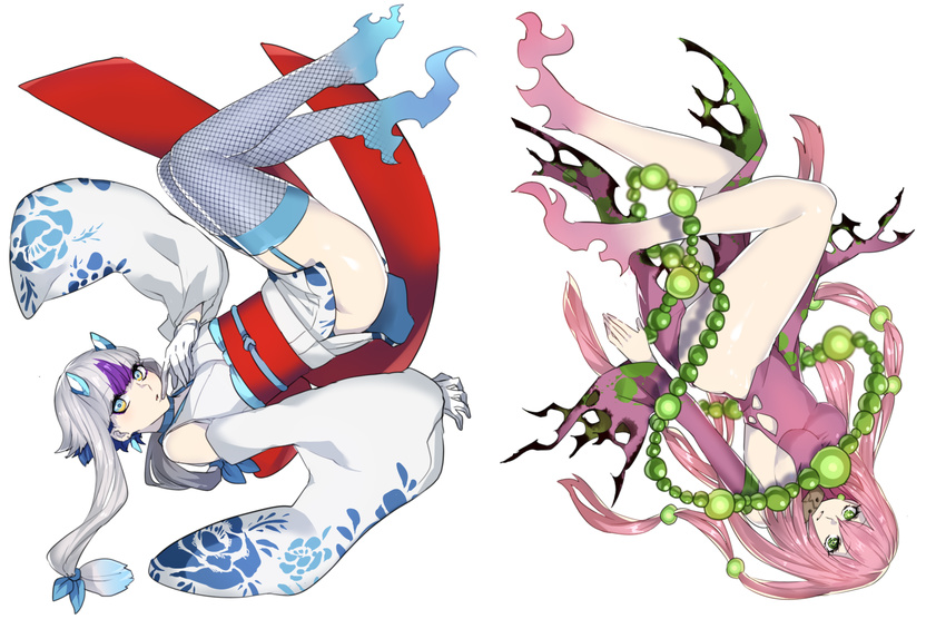 bad_id bad_pixiv_id bare_legs breasts falling froslass garter_straps gen_4_pokemon gloves green_eyes hair_bobbles hair_ornament hand_to_own_mouth japanese_clothes katagiri_hachigou kimono long_hair looking_at_viewer low-tied_long_hair medium_breasts multicolored multicolored_eyes multicolored_hair multiple_girls personification pink_hair pokemon purple_hair sash sideboob silver_hair spiritomb thighhighs two-tone_hair very_long_hair white_background white_gloves