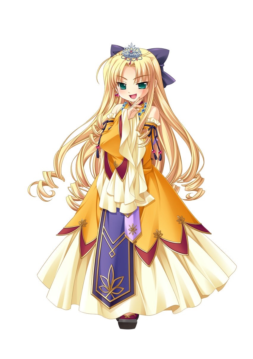 absurdres blonde_hair crown curly_hair detached_sleeves dress earrings enjutsu full_body green_eyes highres jewelry koihime_musou long_hair necklace ribbon saeki_hokuto smile solo transparent_background