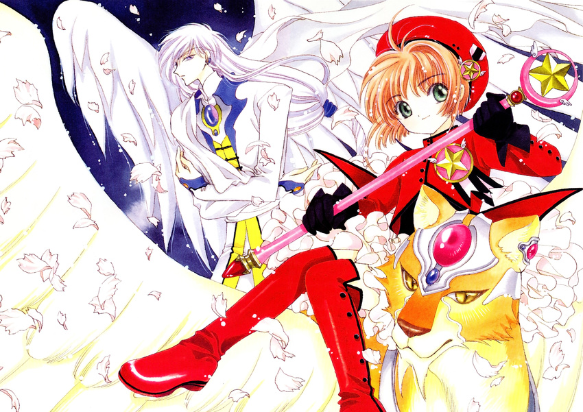 1girl 90s absurdres ahoge angel_wings armor beret black_gloves blue_eyes boots cardcaptor_sakura clamp crossed_arms earrings frills gloves green_eyes hat highres hoshi_no_tsue jewelry kerberos kinomoto_sakura long_hair magical_girl official_art orange_hair petals ponytail red_footwear red_hat short_hair smile star thigh_boots thighhighs tiger wand white_hair wings yue_(ccs) zettai_ryouiki