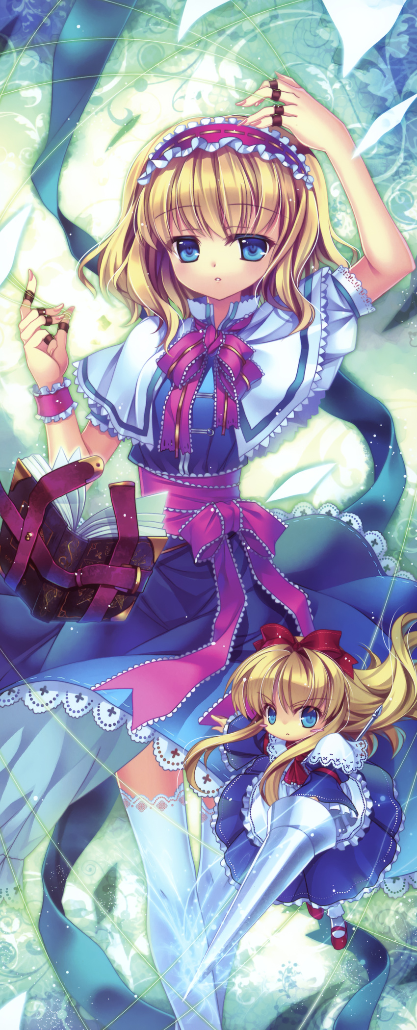 absurdres alice_margatroid apron blonde_hair blue_dress blue_eyes blush_stickers book bow capelet capura_lin doll dress frills hair_bow hair_ornament hairband highres long_hair long_image long_sleeves looking_at_viewer mary_janes open_book parted_lips puffy_sleeves puppet_strings ribbon sash scan shanghai_doll shoes short_hair short_sleeves socks solo string thighhighs touhou waist_apron weapon white_legwear wide_sleeves wrist_cuffs zettai_ryouiki