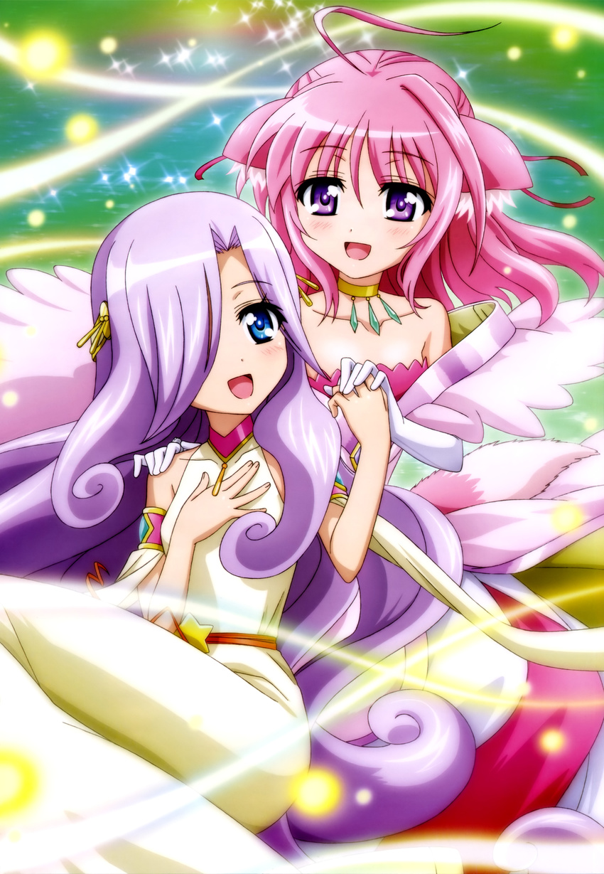 absurdres ahoge aria_(dog_days) blue_eyes dog_days dog_girl elbow_gloves gloves hair_over_one_eye hair_ribbon highres long_hair millhiore_f_biscotti multiple_girls non-web_source nyantype official_art open_mouth pink_hair purple_eyes ribbon tail very_long_hair