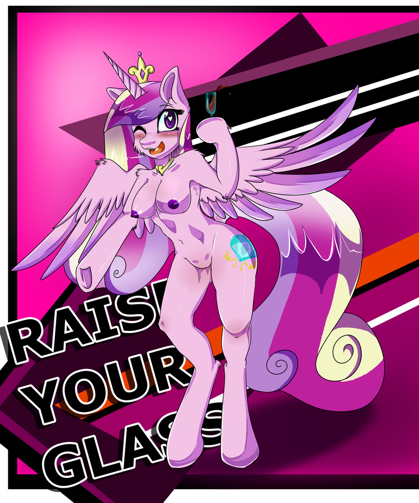 &lt;3 &lt;3_eyes 2015 abstract_background absurd_res alcohol anthro anthrofied areola beverage blush breasts cutie_mark english_text equine female friendship_is_magic fur glass hair hi_res holding hooves horn long_hair mammal multicolored_hair my_little_pony nipples nude one_eye_closed open_mouth pink_fur princess_cadance_(mlp) purple_eyes pussy solo text theecchiqueen wine wine_glass winged_unicorn wings