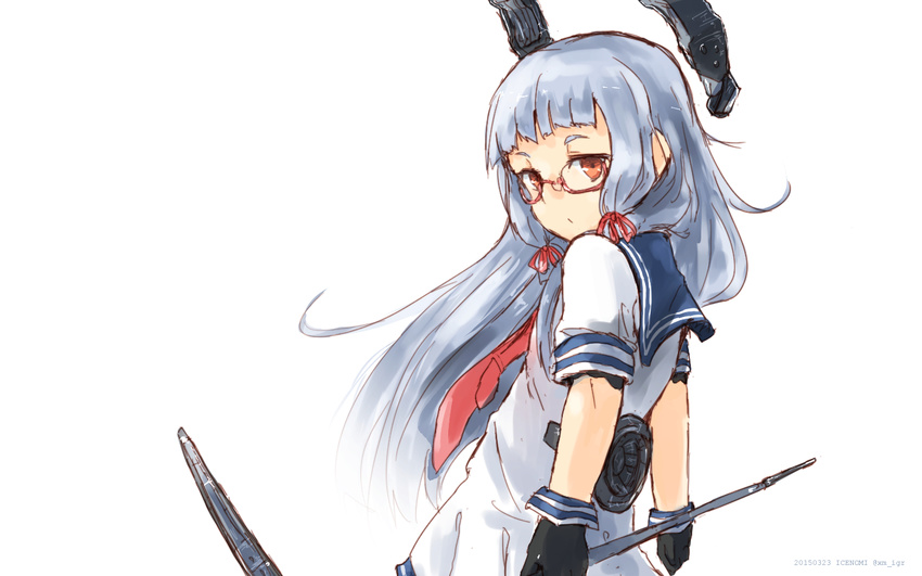 bangs bespectacled blunt_bangs dress glasses gloves hair_ribbon headgear ice_(icegray) kantai_collection long_hair looking_at_viewer murakumo_(kantai_collection) necktie orange_eyes ribbon sailor_dress short_eyebrows short_sleeves silver_hair simple_background solo tress_ribbon wallpaper white_background