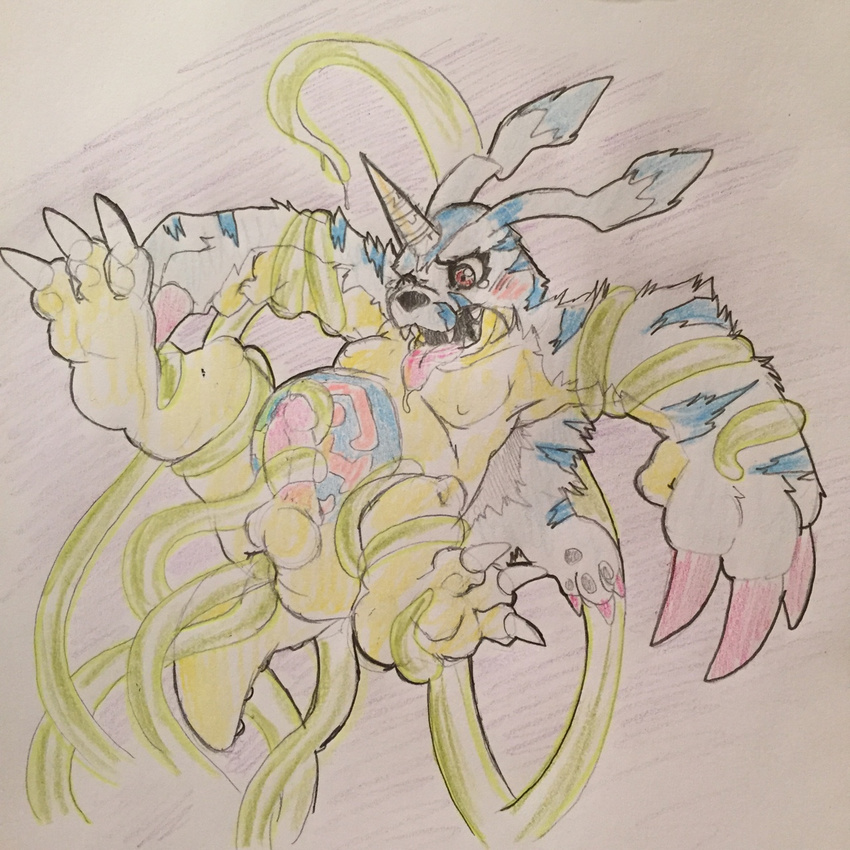 anal anal_penetration balls bandai celestial chubby colored_pencil_(artwork) digimon double_penetration dripping drooling fully_bound gabumon horn humanoid_penis lifted markings moobs nipples open_mouth pelt penetration penis rough saliva spread_legs spreading stripes teeth tentaclejob tongue tongue_out traditional_media_(artwork)