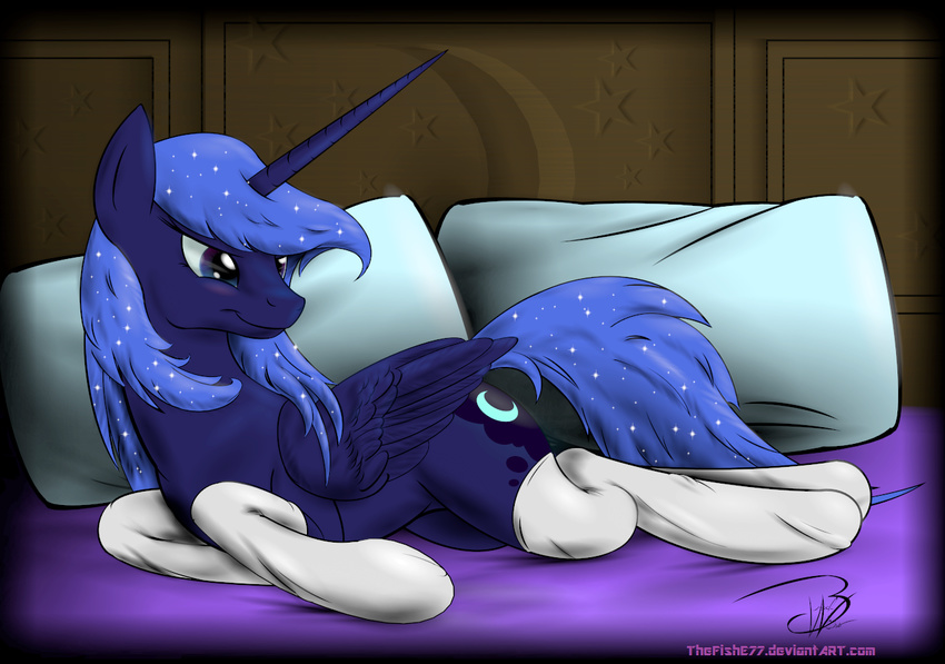 bed blue_eyes blue_fur blue_hair blush clothing cutie_mark equine female feral friendship_is_magic fur hair horn long_hair lying mammal my_little_pony on_side pillow princess_luna_(mlp) signature smile socks solo thefishe77 winged_unicorn wings