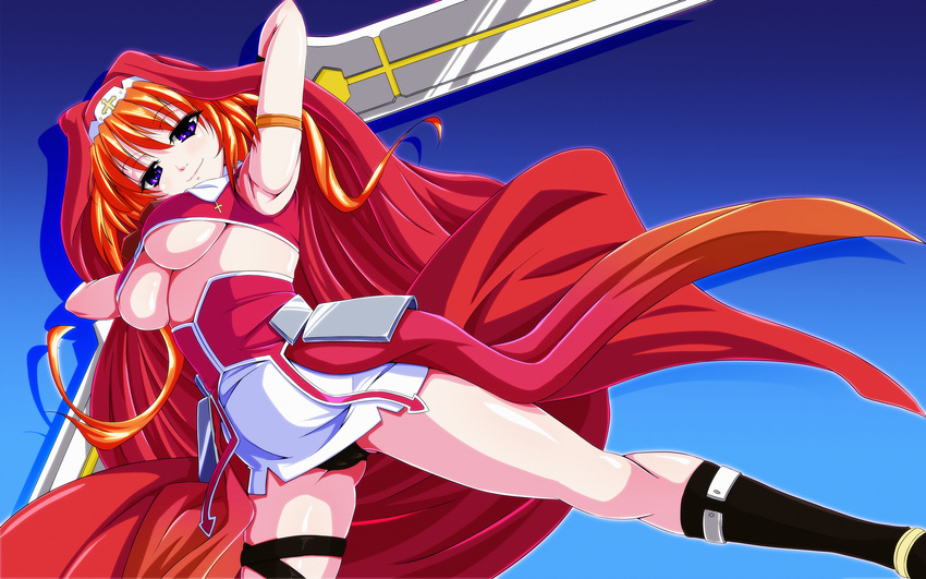 breasts cameltoe chantez_arpinion highres large_breasts looking_at_viewer lyrical_nanoha mahou_shoujo_lyrical_nanoha_vivid panties phantasma purple_eyes red_hair smile solo sword tappa_(esperanza) underboob underwear weapon