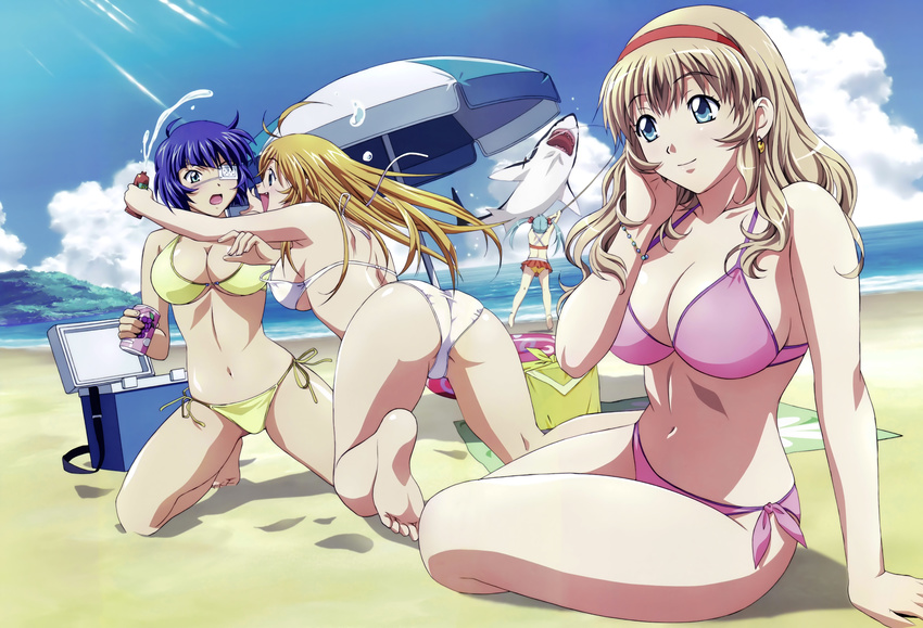 absurdres adjusting_hair antenna_hair ass barefoot beach bent_over bikini blue_eyes blue_hair bracelet breasts brown_hair can cleavage cloud cooler day earrings eyepatch fang feet fishing full_body green_eyes hairband highres hug huge_filesize ikkitousen ikkitousen_great_guardians innertube jewelry kneeling kneepits large_breasts long_hair lotion md5_mismatch megami midriff multiple_girls navel orange_hair outdoors rin-sin ryomou_shimei scan shark shokatsuryou_koumei side-tie_bikini sideboob sitting sky smile sonken_chuubou sonsaku_hakufu surprised swimsuit trefoil umbrella underboob water