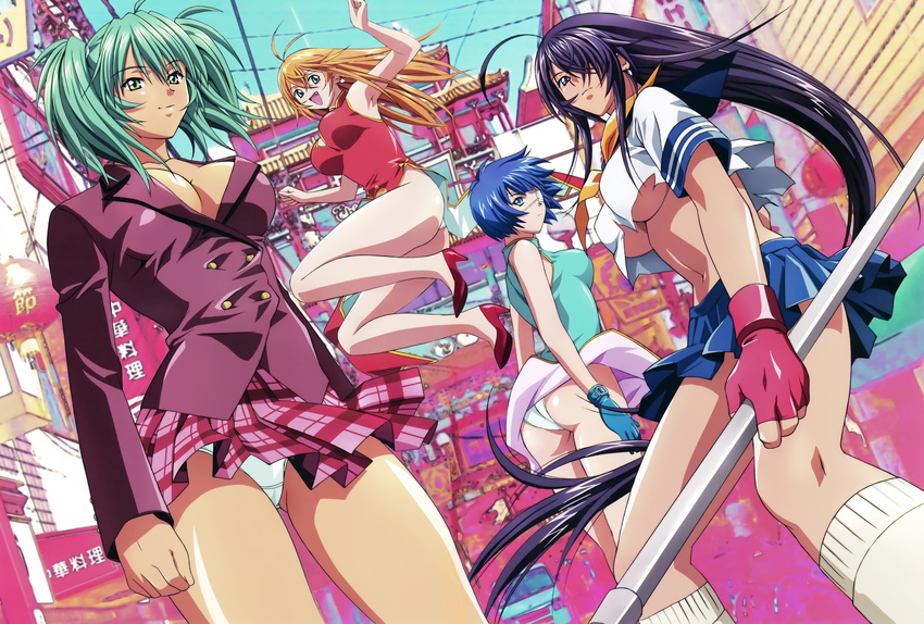 absurdres ahoge antenna_hair armpits ass black_hair blue_hair breasts china_dress chinese_clothes cleavage dress earrings eyepatch fingerless_gloves gloves green_eyes green_hair hair_over_one_eye happy high_heels highres ikkitousen ikkitousen_great_guardians jewelry kan'u_unchou large_breasts long_hair long_legs looking_back md5_mismatch megami midriff multiple_girls no_bra orange_hair panties pantyshot plaid plaid_skirt red_skirt rin-sin ryofu_housen ryomou_shimei shoes short_hair skirt skirt_lift smile sonsaku_hakufu tan twintails underboob underwear very_long_hair white_panties wind wind_lift