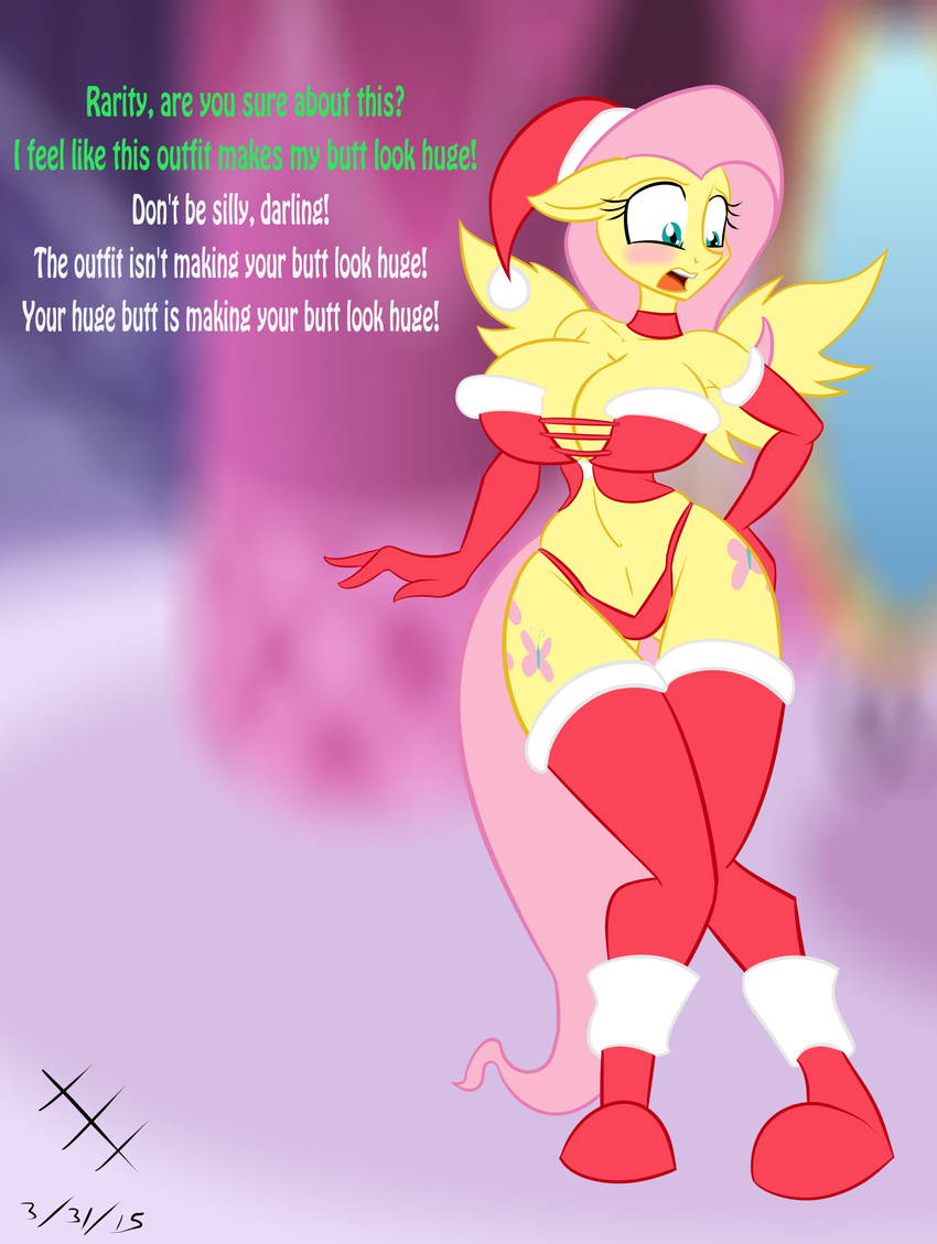 2015 anthro big_breasts blush breasts cleavage clothed clothing dialogue english_text equine female fluttershy_(mlp) friendship_is_magic huge_breasts jrvanesbroek mammal my_little_pony pegasus skimpy text wings