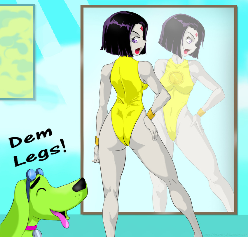 1girl alternate_costume ass bare_shoulders beast_boy bodysuit breasts dc_comics dog female huge_ass lady_legasus legs legs_crossed leotard mirror open_mouth purple_eyes purple_hair raven_(dc) sexy short_hair teen_titans thighs tongue xplotter