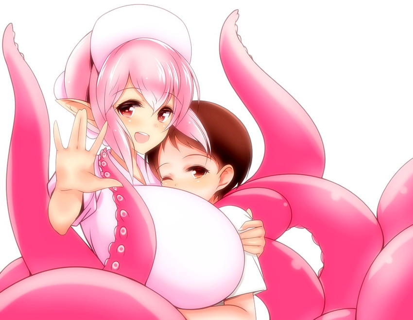 1girl :d \||/ age_difference breast_smother breasts brown_eyes brown_hair hat hug huge_breasts hurutanuki monster_girl nurse nurse_cap one_eye_closed open_mouth original pink pink_hair pointy_ears red_eyes scylla short_hair simple_background smile tentacles white_background