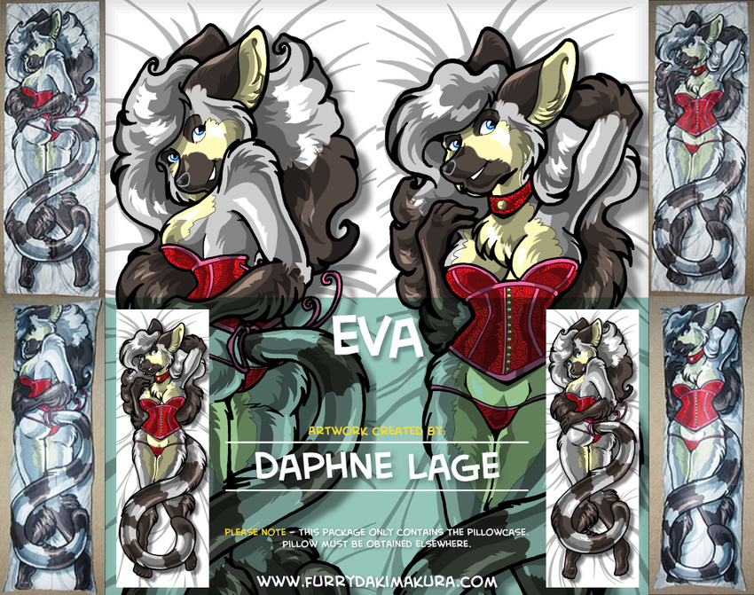 2014 anthro bed bed_sheet breasts choker clothed clothing corset courtesan dakimakura daphne_lage eva female fur hair looking_at_viewer lying mammal on_bed open_mouth panties pillowcase ringtail smile solo tall_tails underwear