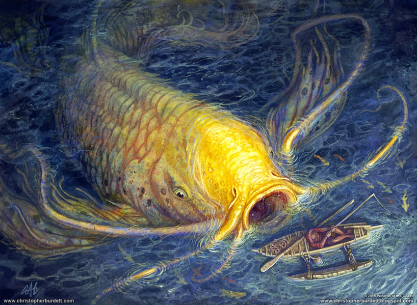 ambiguous_gender boat carp christopher_burdett digital_media_(artwork) fin fish fishing human macro magic_the_gathering mammal marine oar official_art om_nom_nom open_mouth partially_submerged signature size_difference solo_focus uhoh