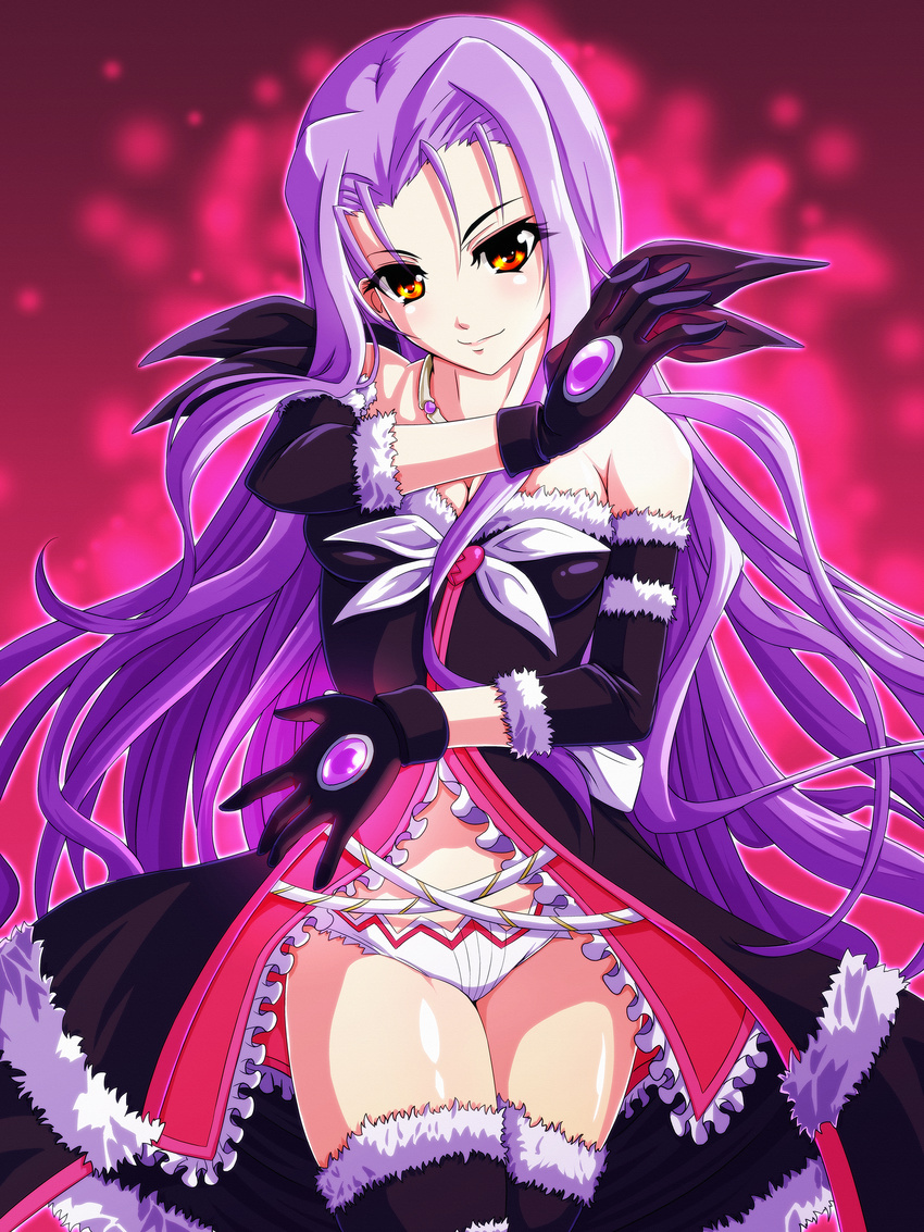 absurdres bare_shoulders breasts cleavage gloves highres long_hair lutecia_alpine lyrical_nanoha mahou_shoujo_lyrical_nanoha_vivid medium_breasts older purple_hair red_eyes solo tappa_(esperanza) thighhighs