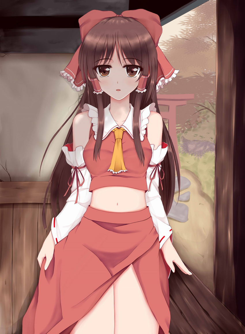 ascot bad_id bad_pixiv_id bare_shoulders bow brown_eyes brown_hair detached_sleeves hair_bow hair_tubes hakurei_reimu highres long_hair long_sleeves looking_at_viewer midriff navel revision ribbon-trimmed_sleeves ribbon_trim shirt side_slit skirt skirt_set solo torii touhou veranda very_long_hair wendell wide_sleeves