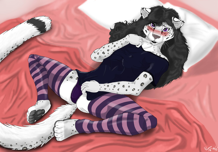 anthro bed blush breasts cat clothing colors covers feline female hair innocent inviting legwear leopard looking_at_viewer mammal panties pillow plejman shading shirt snow_leopard spots spread_legs spreading stockings underwear