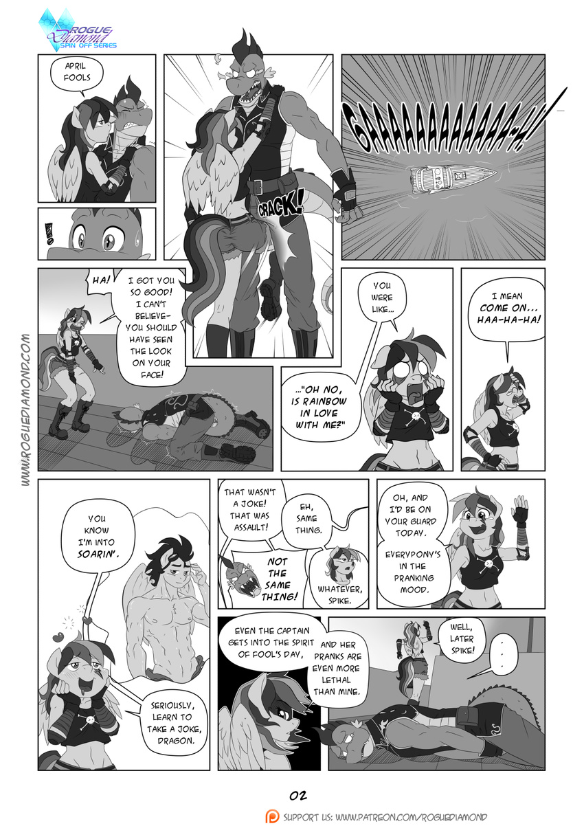 &lt;3 ... 2015 abs anthro anthrofied april_fools black_and_white blush boat clothing comic dialogue dragon duo english_text equine eyewear female friendship_is_magic goggles kick male mammal monochrome muscles my_little_pony pegasus pia-sama rainbow_dash_(mlp) ship slit_pupils soarin_(mlp) spike_(mlp) text wings wonderbolts_(mlp)