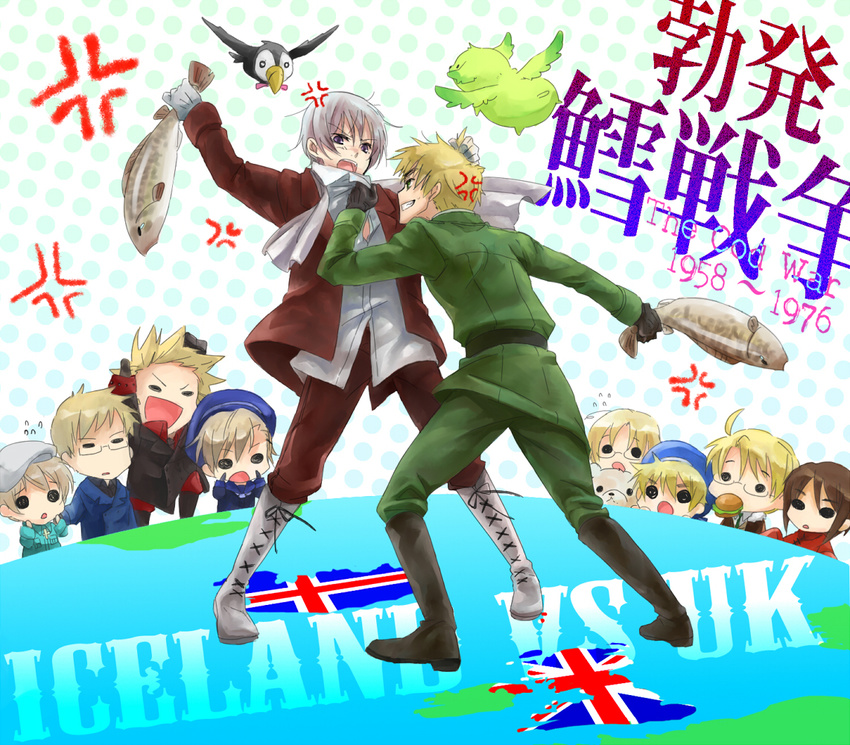 ahoge america_(hetalia) anger_vein axis_powers_hetalia bear bird blonde_hair boots brown_hair canada_(hetalia) cheering chibi cod commentary denmark_(hetalia) duel fighting finland_(hetalia) fish food full_body green_eyes grin hamburger hat historical_event hong_kong_(hetalia) iceland_(hetalia) icelandic_flag ishizue_ei kumajirou_(hetalia) male_focus military military_uniform multiple_boys norway_(hetalia) open_mouth puffin purple_eyes sailor sealand_(hetalia) smile sweat sweden_(hetalia) uniform union_jack united_kingdom_(hetalia) watching