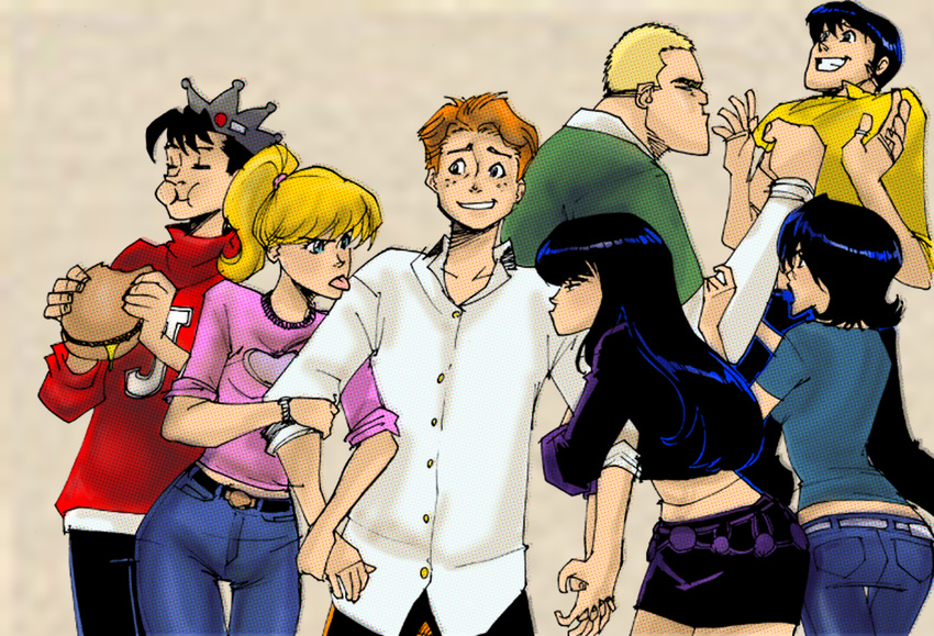 4boys ;p archie archie_andrews arm_grab ayablue22 bangs betty_cooper black_hair blonde_hair blue_eyes blunt_bangs closed_eyes crown eating eye_contact food freckles hamburger highres jughead_jones long_hair looking_at_another midge_klump midriff moose_mason multiple_boys multiple_girls one_eye_closed orange_hair ponytail reggie_mantle short_hair skirt sweater tongue tongue_out veronica_lodge