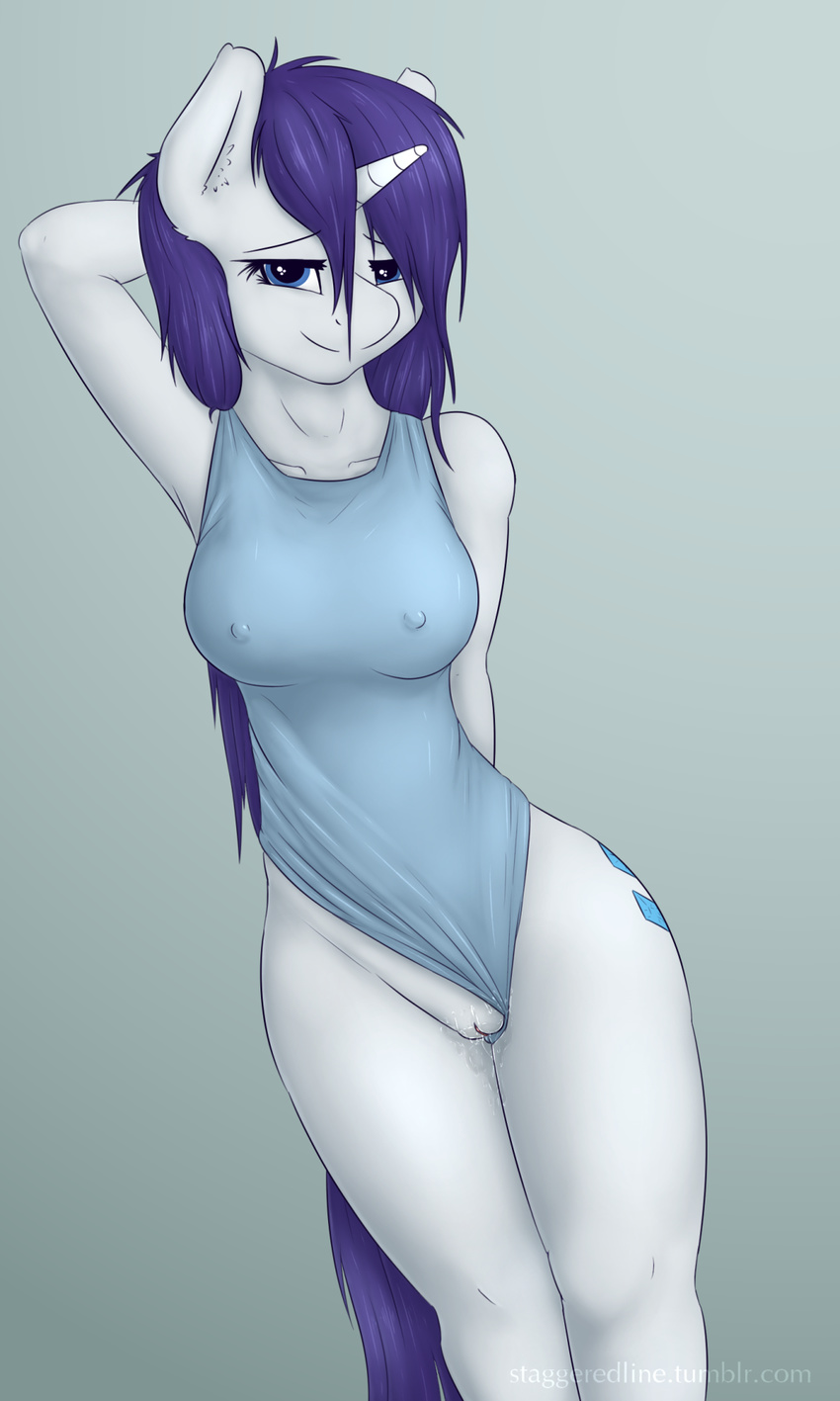 2015 anthro anthrofied arm_behind_head arms_behind_back blue_eyes breasts clothing cutie_mark equine erect_nipples female friendship_is_magic fur hair horn looking_at_viewer mammal my_little_pony nipples one-piece_swimsuit purple_hair pussy pussy_juice rarity_(mlp) smile solo staggeredline swimsuit unicorn white_fur