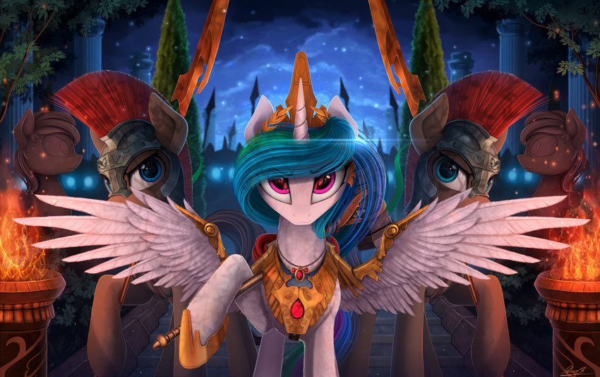 2015 armor crown equine female feral fire friendship_is_magic hair hammer hi_res horn long_hair looking_at_viewer mammal multicolored_hair my_little_pony night outside princess_celestia_(mlp) purple_eyes royal_guard_(mlp) sculpture statue tools weapon winged_unicorn wings wreath yakovlev-vad