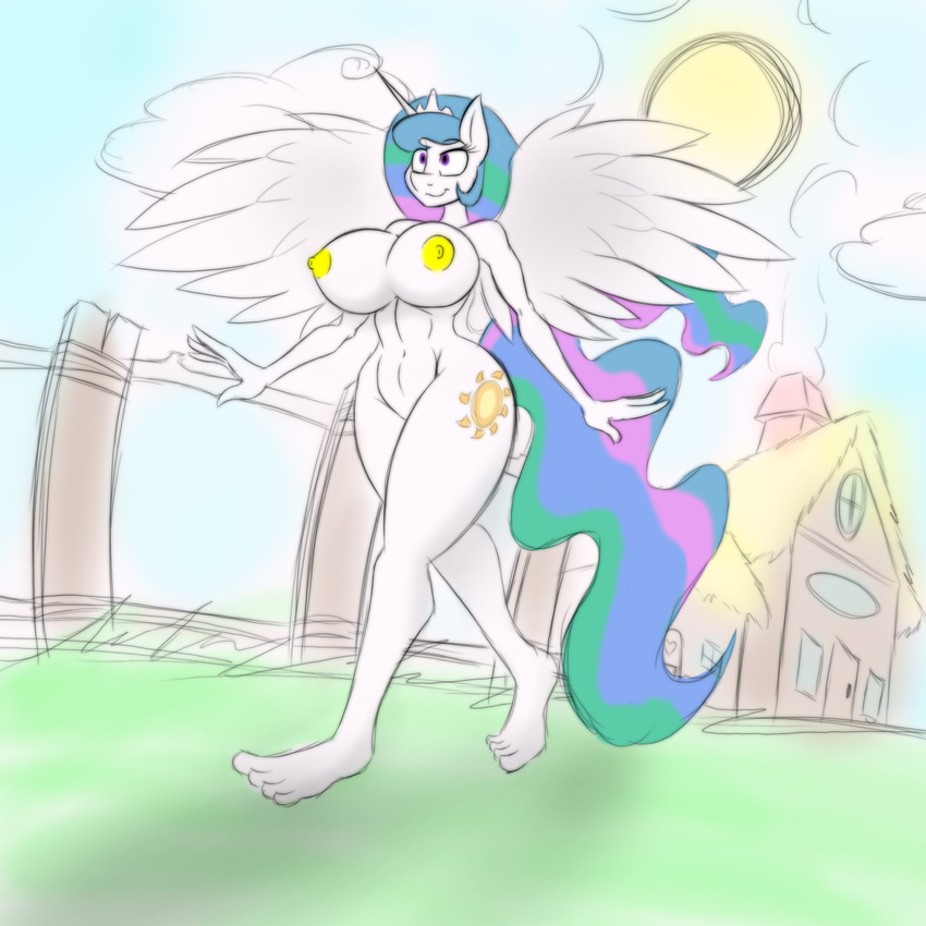 2015 anthro areola big_breasts breasts equine erect_nipples female friendship_is_magic horn huge_breasts jrvanesbroek mammal my_little_pony nipples nude princess_celestia_(mlp) solo winged_unicorn wings