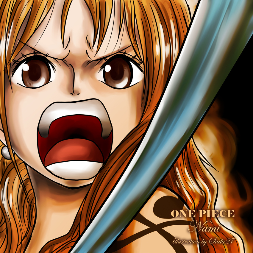 1girl brown_eyes character_name copyright_name female long_hair nami nami_(one_piece) one_piece open_mouth orange_hair solo staff tattoo weapon