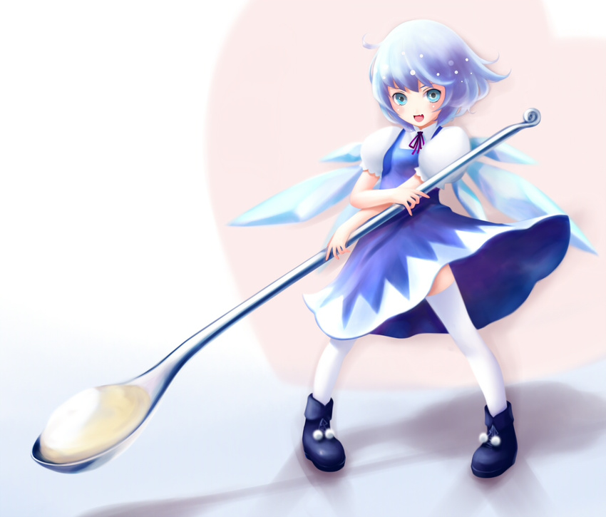 blue_eyes blue_hair bow cirno hair_bow minigirl oversized_object short_hair solo spoon thighhighs touhou wings yori_(shitsuon)