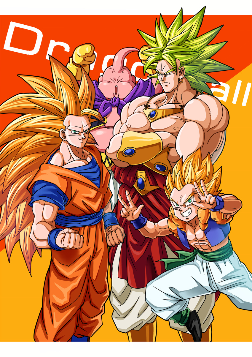 4boys blank_eyes blonde_hair broly cape demon dragon_ball dragonball_z gauntlets gotenks hoshikawa_akira legendary_super_saiyan majin_buu male male_focus monster multiple_boys muscle pink_skin smile son_goku son_gokuu super_saiyan super_saiyan_3 v