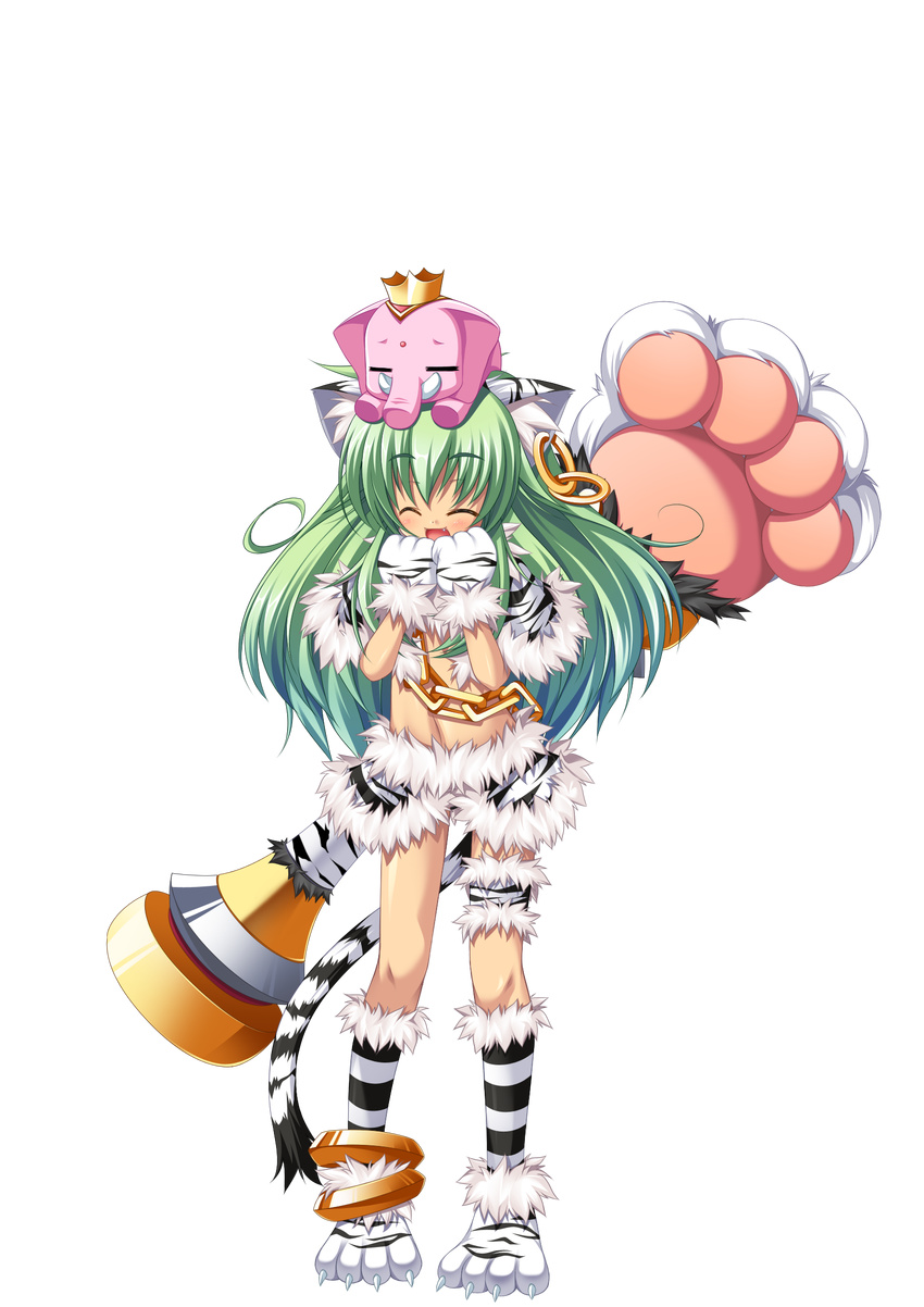 animal_ears anklet cat_ears chain closed_eyes crop_top earrings elephant full_body gloves green_hair highres jewelry koihime_musou kuwada_yuuki long_hair midriff moukaku navel paw_gloves paw_shoes paws polearm shoes skirt smile solo tail transparent_background weapon