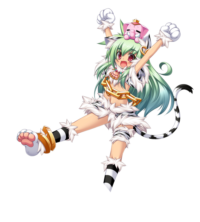 animal_ears anklet arms_up cat_ears chain crop_top earrings elephant fang full_body gloves green_hair highres jewelry koihime_musou kuwada_yuuki long_hair midriff moukaku open_mouth paw_gloves paw_shoes paws red_eyes shoes skirt smile solo tail transparent_background