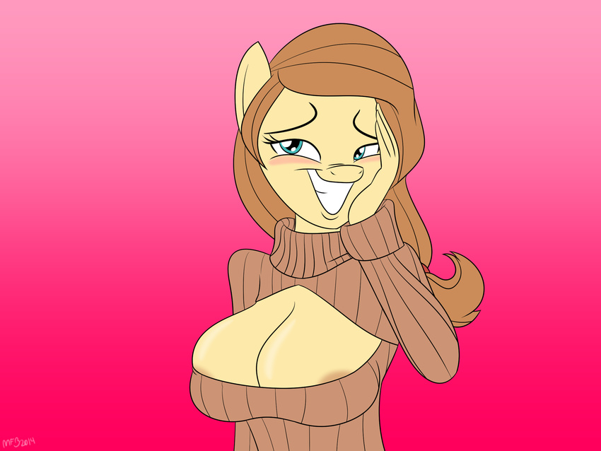 2014 anthro areola big_breasts blush breasts button's_mom cleavage clothed clothing earth_pony equine fan_character female horse mammal mofetafrombrooklyn my_little_pony nipple_slip pony smile