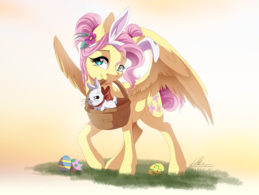 2015 angel_(mlp) cute dennybutt easter equine female feral fluttershy_(mlp) friendship_is_magic holidays lagomorph male mammal my_little_pony pegasus rabbit wings