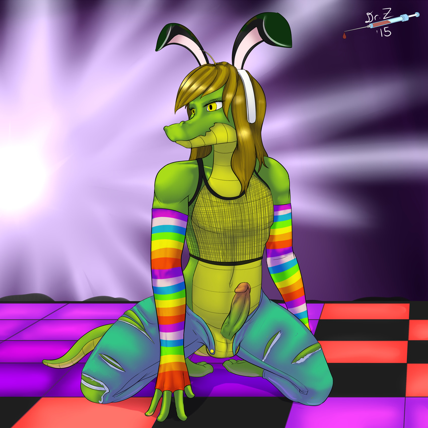 4_fingers alligator animal_ears anthro arm_warmers balls brown_hair clothing dr_zombie girly hair jeans long_hair male pants penis rabbit_ears rave reptile russ scalie torn_clothing torn_jeans torn_pants yellow_eyes