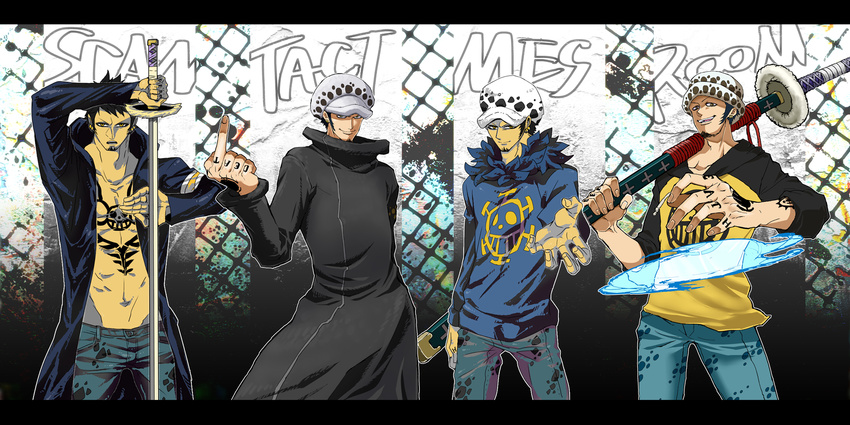 4boys denim earrings facial_hair goatee hat jeans jewelry jolly_roger magic male male_focus multiple_boys multiple_persona nodachi one_piece pants raglan_sleeves solo standing sword tattoo trafalgar_law weapon