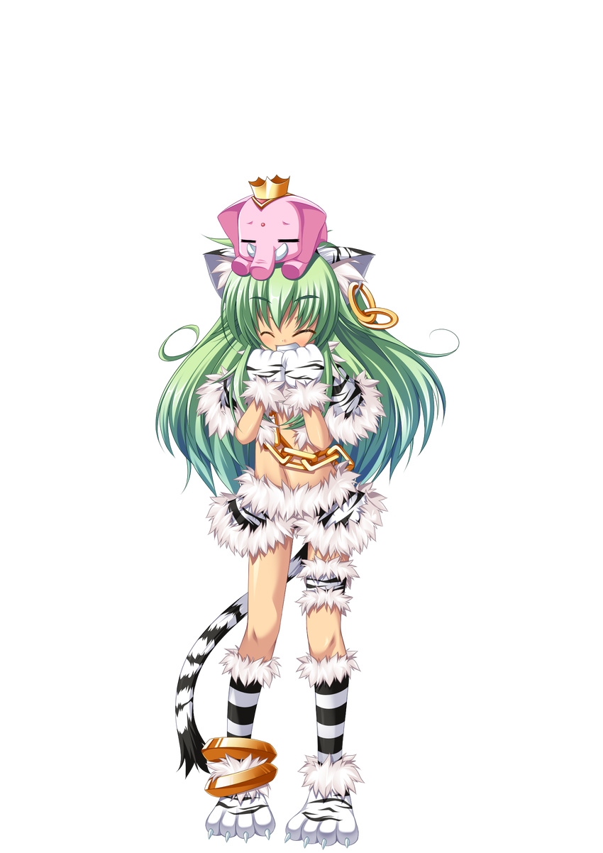 animal_ears anklet cat_ears chain closed_eyes crop_top earrings elephant full_body gloves green_hair grin highres jewelry koihime_musou kuwada_yuuki long_hair midriff moukaku navel paw_gloves paw_shoes paws shoes skirt smile solo tail transparent_background