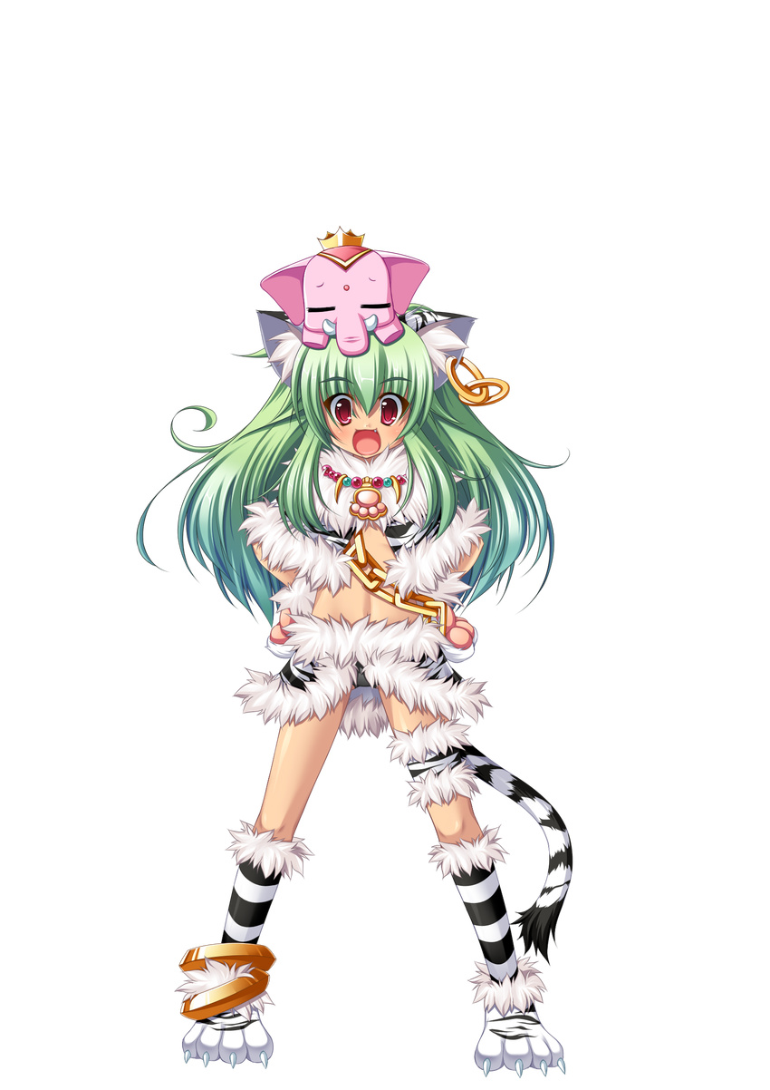 animal_ears anklet black_panties cat_ears chain crop_top earrings elephant full_body gloves green_hair hands_on_hips highres jewelry koihime_musou kuwada_yuuki long_hair midriff moukaku navel open_mouth panties paw_gloves paw_shoes paws red_eyes shoes skirt smile solo tail transparent_background underwear