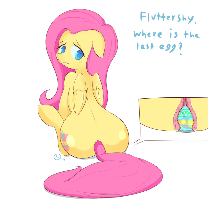 2015 blue_eyes cutaway cutie_mark easter egg english_text equine female feral fluttershy_(mlp) friendship_is_magic hair holidays insertion long_hair mammal my_little_pony ostuffles pegasus penetration pink_hair plain_background sitting solo text white_background wings